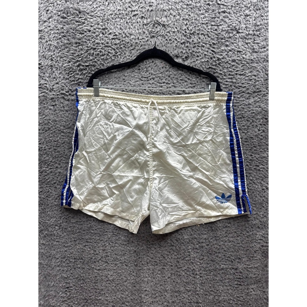 Vintage 80s Adidas Nylon Drawstring Retro Soccer Shorts White Blue Mens Size L